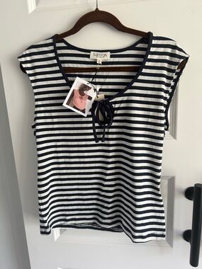 Anthro Nation Los Angeles Navy and White Striped Tie-Front Cap Sleeve Top medium